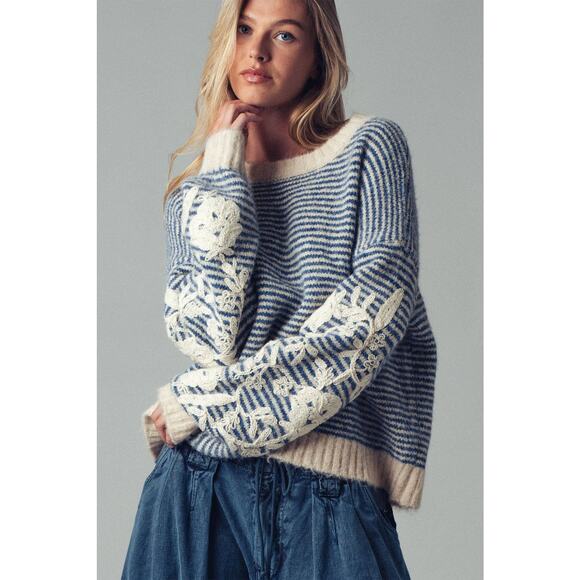 Urban Daizy Floral Embroidered Striped Knit Sweater - Picture 1 of 11